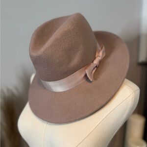 Elegant Tan Fedora with Pink Ribbon